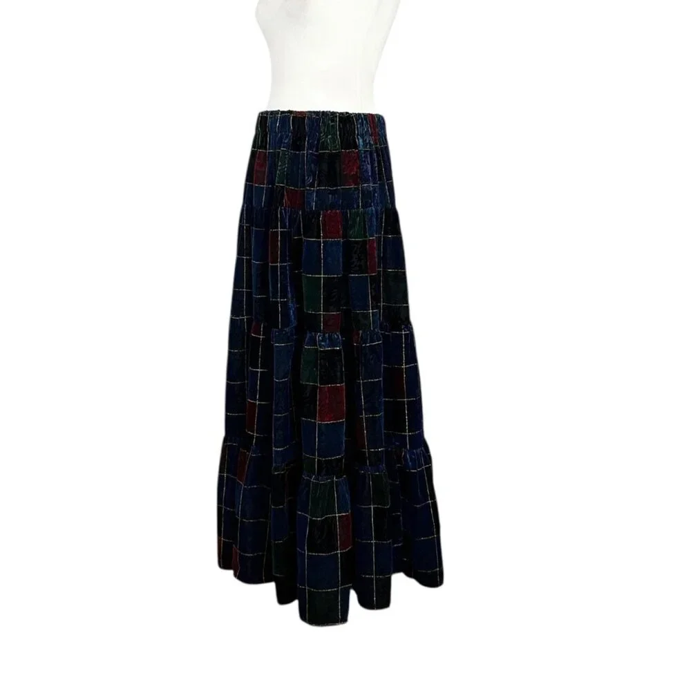 Vintage Velvet Burnout Patchwork Holiday Flowy Tiered Ruffled Maxi Skirt (S/M)